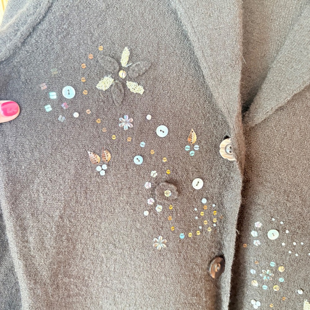 Linden Hill Cardigan Sweater Womens Medium Brown 100% Wool Embroidered Sequin - Picture 6 of 10
